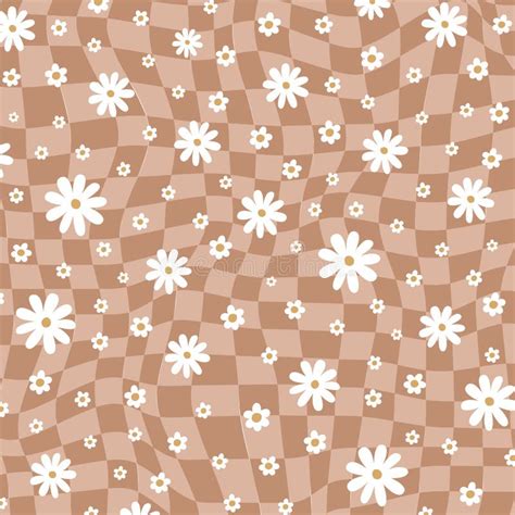 Checkered Daisy Flowers Psychedelic Seamless Print in 60s and 70s Style ...