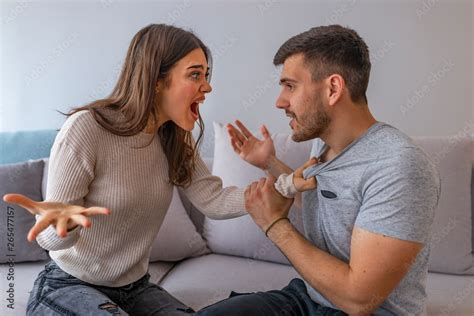 Furious couple arguing while having problems in their relationship. Stop annoying me! Angry ...