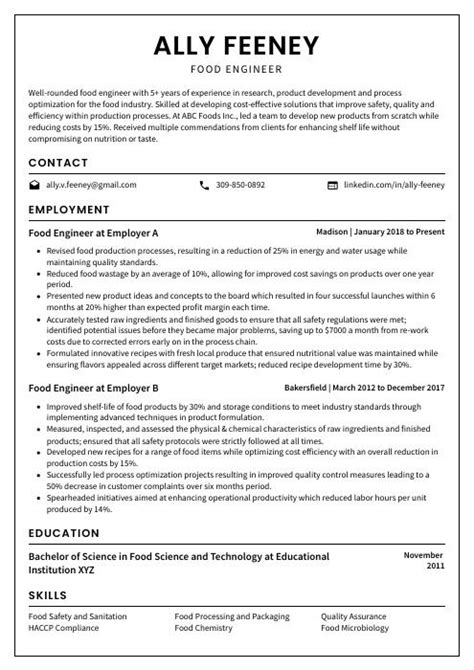 Food Engineer Resume (CV) Example and Writing Guide