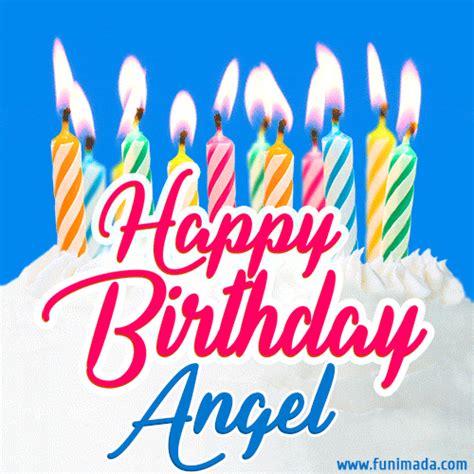 Happy Birthday GIF for Angel with Birthday Cake and Lit Candles | Funimada.com