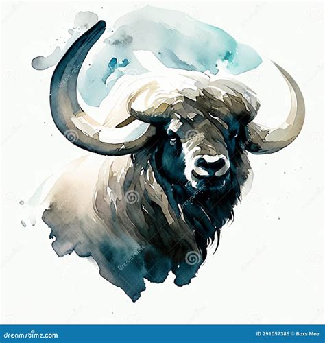 Watercolor Buffalo Head on White Background. Ink and Watercolor ...