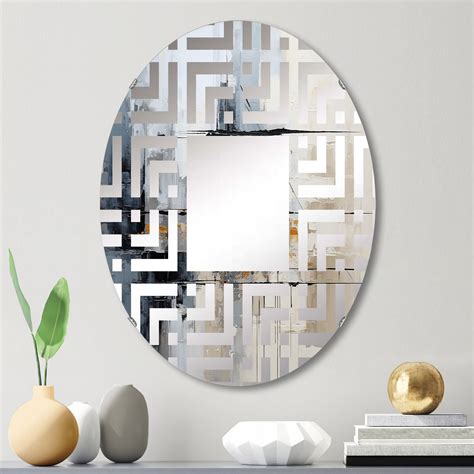 Designart "Grey composition Reflections II" Abstract Collages Maze Round Wall Mirror - Abstract ...