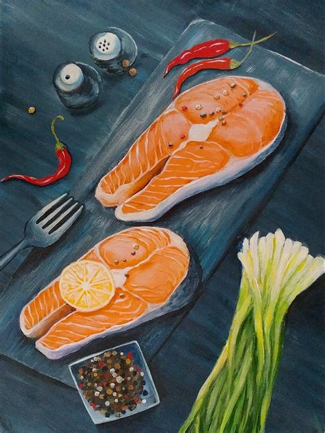 Fish Original Acrylic Painting Food Art Salmon Steaks Still Life Painting Painting by Kristina ...