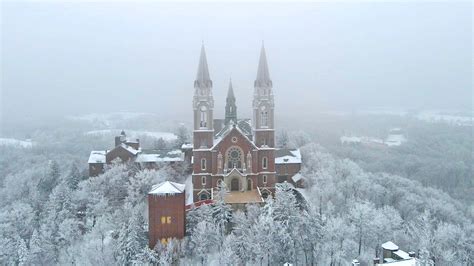 A drone view of Holy Hill surrounded in rime ice