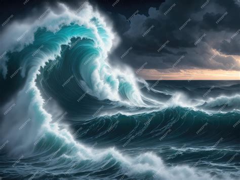 Premium AI Image | Large ocean waves and at night stormy sea at night impressive art illustration