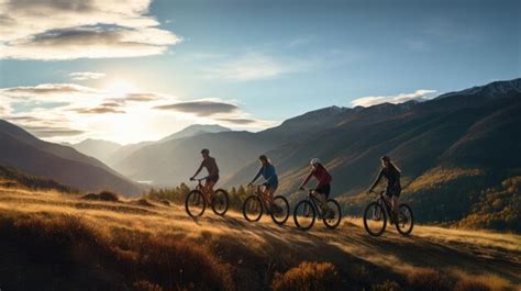 Premium AI Image | Friends riding bicycles in the mountains