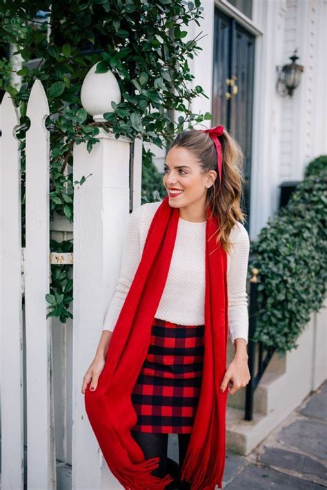 a white long sleeve top, a plaid mini, black tights and a red scarf | Weihnachtliche outfits ...