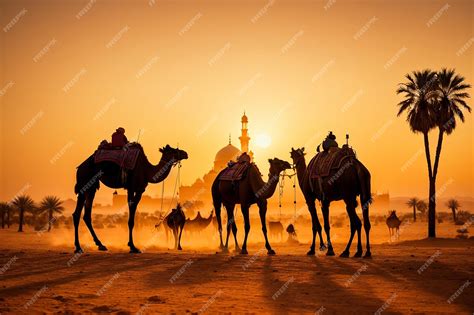 Premium AI Image | Photo a group of silhouette camels in the desert with orange sunset ...