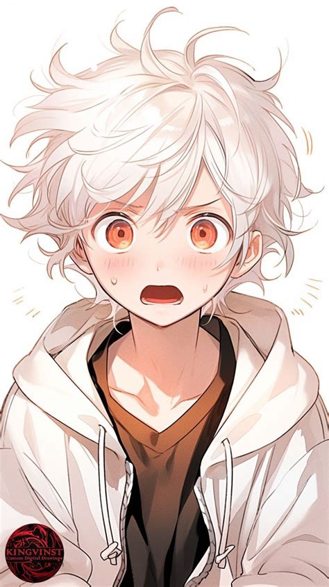 an anime character with white hair and orange eyes, wearing a hoodie ...