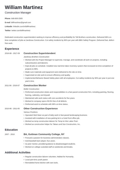 Construction Resume Template Free