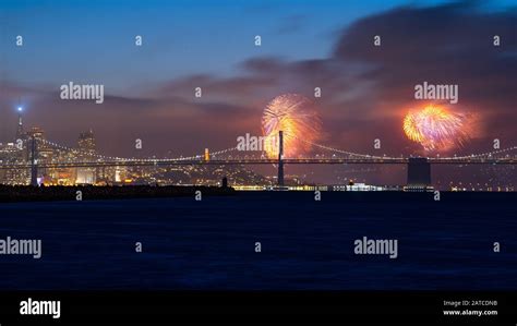 Fourth of July Fireworks Over Bay Bridge and San Francisco Skyline ...