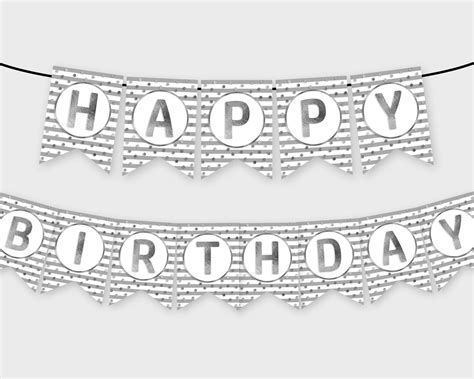 Happy Birthday Printable Banner Gray & Silver Stripes and Dots Digital ...