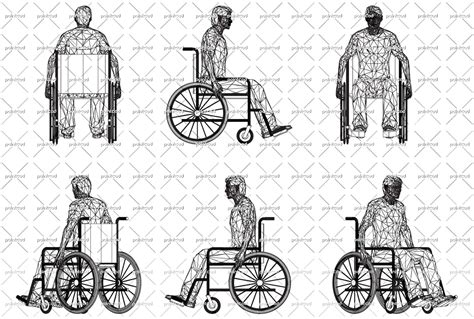 Wireframe wheelchair man - vector Illustration of isolated objects over blue background. Front ...