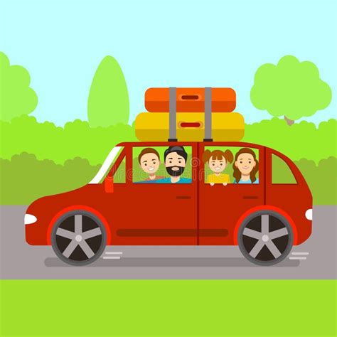 Family Journey by Car To Nature. Father, Mother, Son-teen and Little Daughter Go on a Trip ...