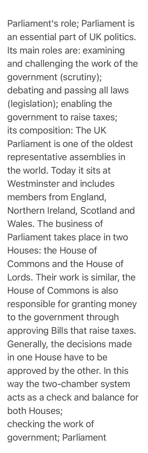 Parliament’s role, Uk politics - Docsity