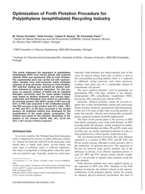 Optimization of Froth Flotation Procedure For Poly (Ethylene Terephthalate) Recycling Industry ...