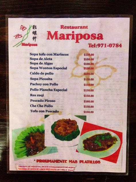 Menu at Restaurant Mariposa, Tijuana