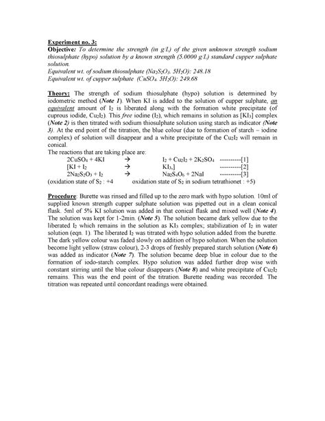 Copper Experiment - Experiment no. 3: Objective: To determine the strength (in g/L) of the given ...