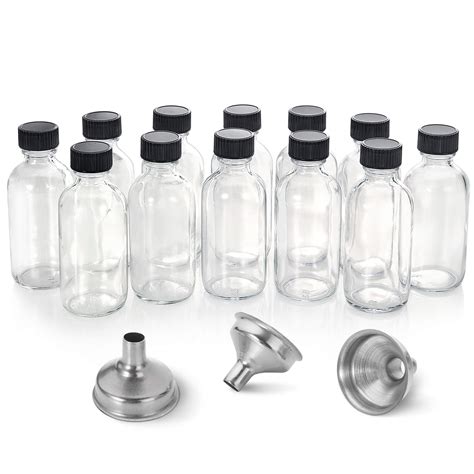 12, 2 oz Small Clear Glass Bottles (60ml) with Lids & 3 Stainless Steel Funnels - Boston Round ...