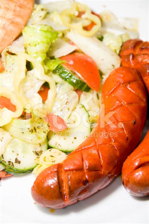 Debrecziner Hungarian Sausage With Salad Stock Photo | Royalty-Free ...