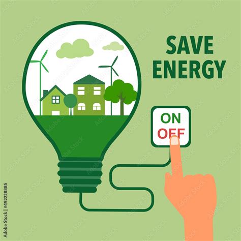 Save energy concept vector illustration on green background. Eco city inside lightbulb with hand ...