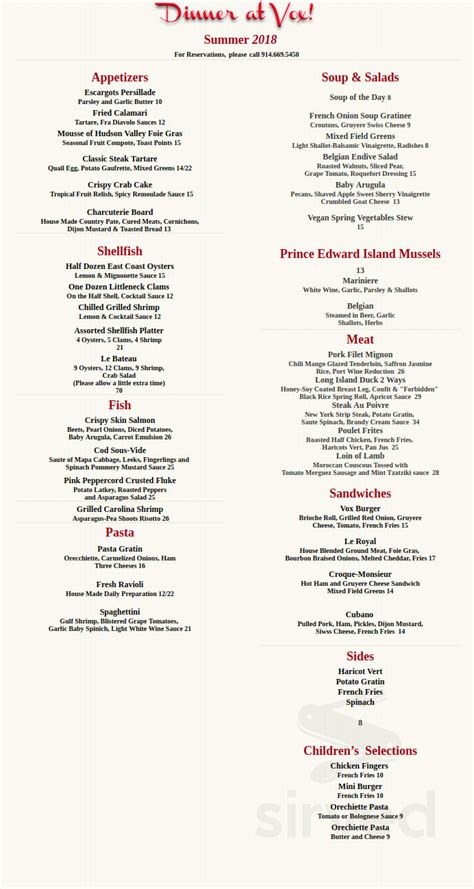 Vox menu in North Salem, New York, USA