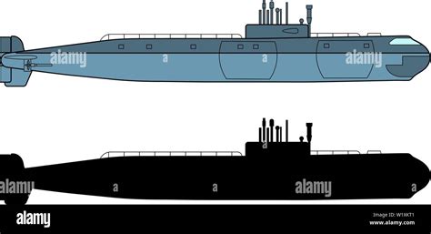 Detailed Submarine and Black Silhouette. Side view. Warship in realistic style. Military ship ...