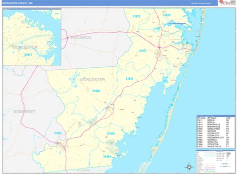 Worcester County, MD Zip Code Wall Map Basic Style by MarketMAPS