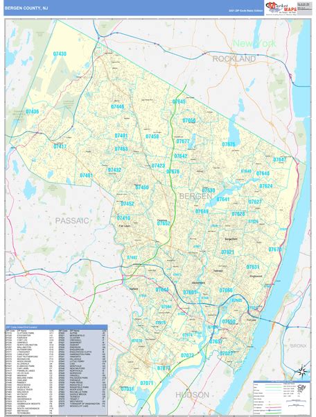 Bergen County, NJ Zip Code Wall Map Basic Style by MarketMAPS