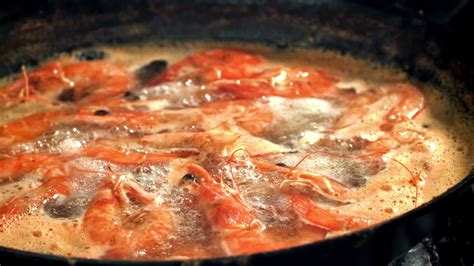 Shrimp in boiling water. Filmed on a high-speed camera at 1000 fps. High quality FullHD footage ...