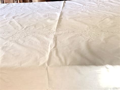 White Embroidered Tablecloth with Drawnwork, Vintage Floral Embroidered Hemstitched Tablecloth ...