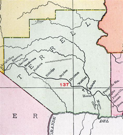 Terrell County, Texas, Map, 1911, Sanderson, Dryden, Emerson, Hijito, Thurston, Feodora, Gavilan