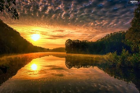 clouds, River, Sunrise, forest - Beautiful views wallpapers: 2048x1365