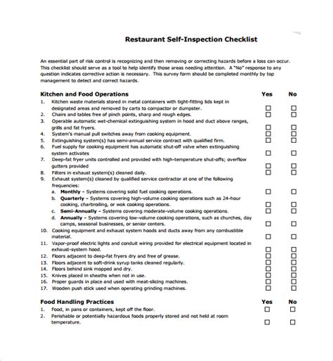 Restaurant Inspection Checklist Template