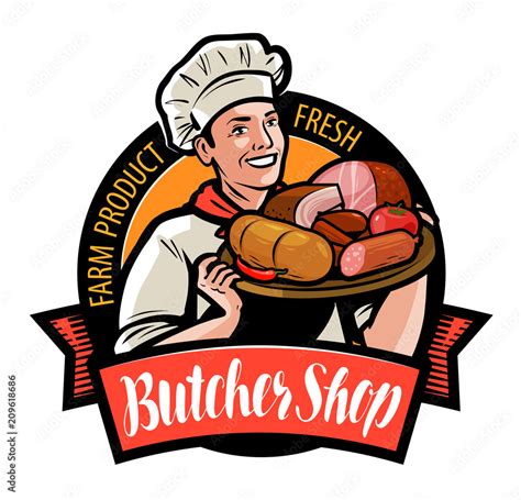 Butcher shop logo or label. Happy cook holding a tray with meat ...