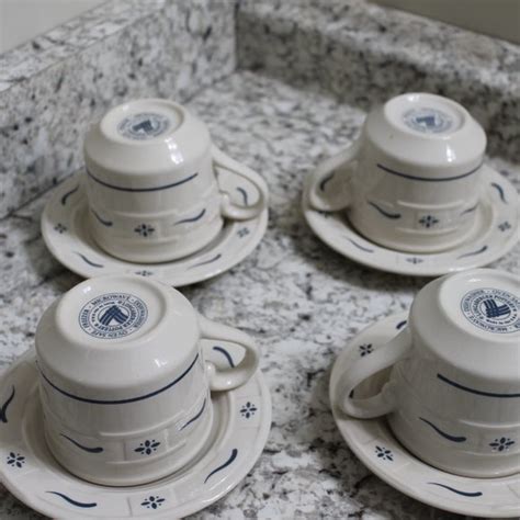 Longaberger | Kitchen | Longaberger Teacup And Saucer Set Ivory Blue Mugs | Poshmark