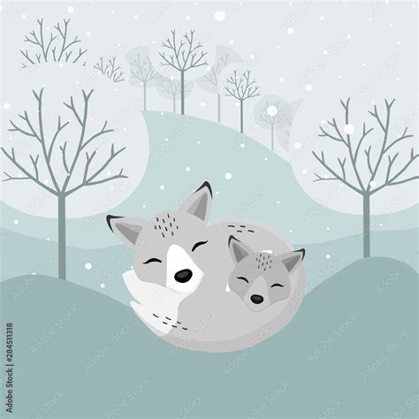 Hand drawn Arctic Fox and baby in the winter. Stock Vector | Adobe Stock