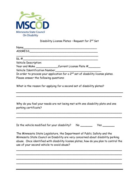 Minnesota Disability License Plates '" Request for 2nd Set - Fill Out, Sign Online and Download ...