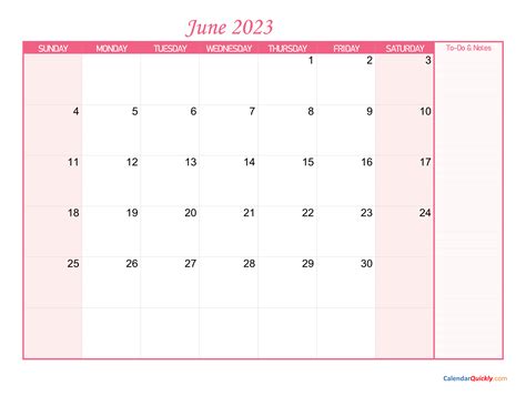 June Calendar 2023 with Notes | Calendar Quickly