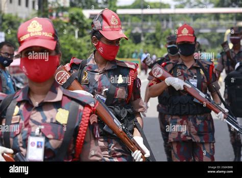 Dhaka, Bangladesh, July 5, 2021. Border Guard Bangladesh (BGB) personnel limit people's movement ...