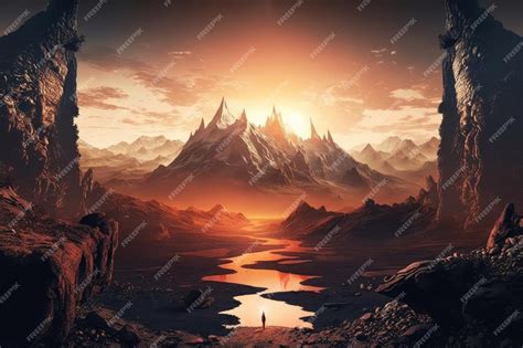 Premium AI Image | Mordor landscape with sunrise featuring warm colors and clear skies