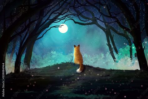 Beautiful mystical blue forest with enchanted trees and red fox on a hill Stock Illustration ...