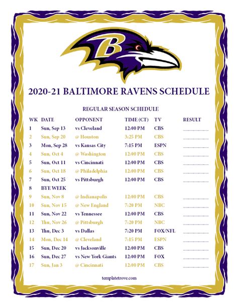 Printable 2020-2021 Baltimore Ravens Schedule