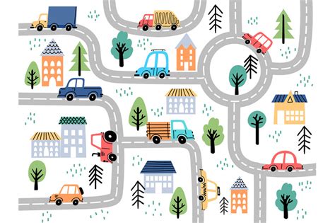 Kids city map with roads and cars for children nursery decor. Village ...