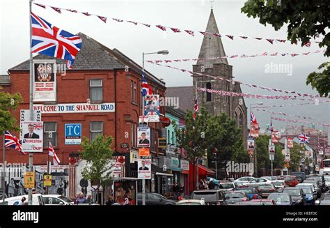 Belfast Unionist, Loyalist Shankill Road, West Belfast,with red white ...