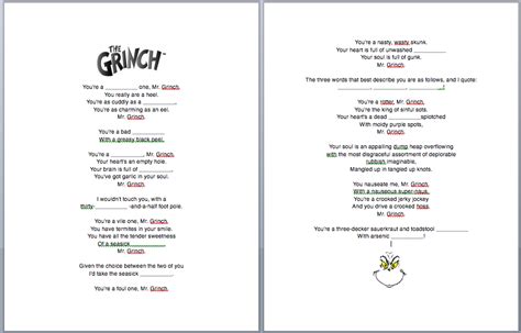 The Grinch Christmas Song Fill-In-The-Blanks Worksheet & Lyrics (ESL)