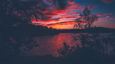 2560x1440 Red Evening Sunset Lake View From Forest Woods 1440P Resolution HD 4k Wallpapers ...