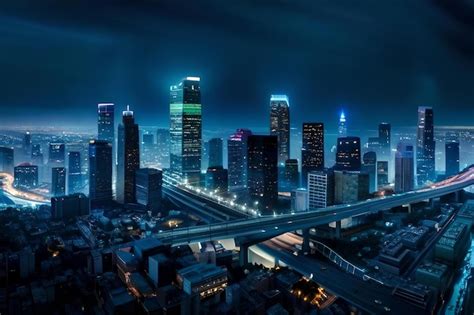 Premium AI Image | A cityscape with a blue sky and a cityscape at night.