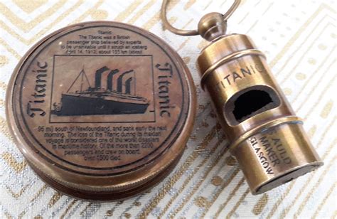 Titanic memorabilia, compass and whistle, reproduction brass Titanic commemorative compass and ...