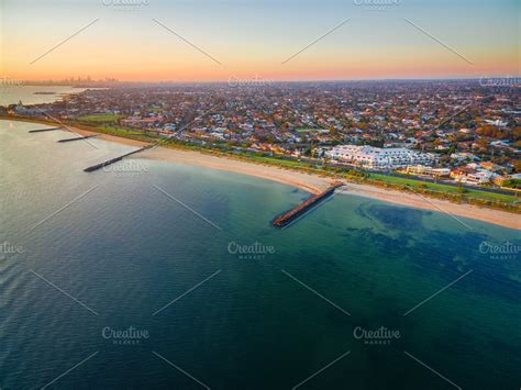 Aerial view of port phillip bay containing bay, coastline, and dusk | Nature Stock Photos ...